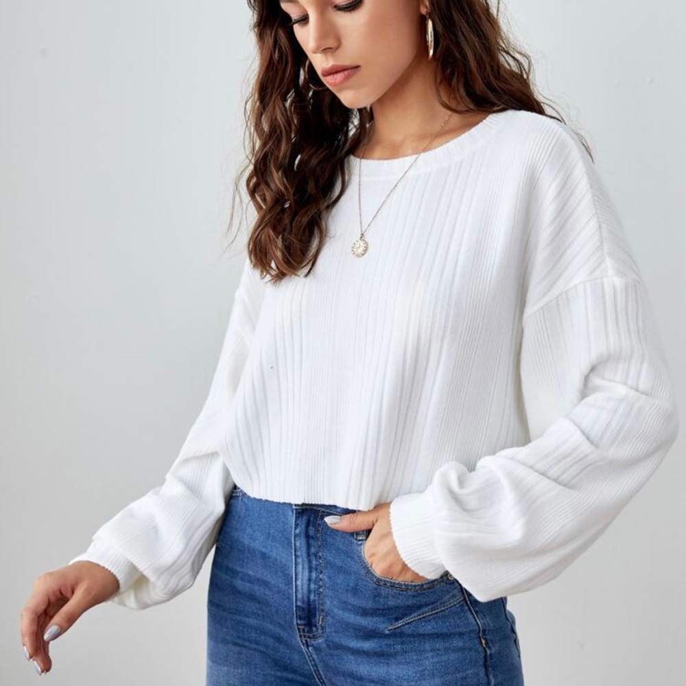 Cropped White Mock Neck Knit Top